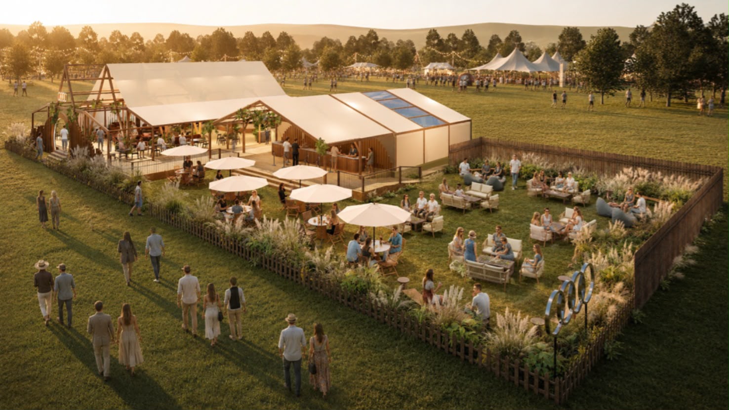 The Audi Wilderness venue, an open-air event lawn with a covered pavilion, bar and lounge seating