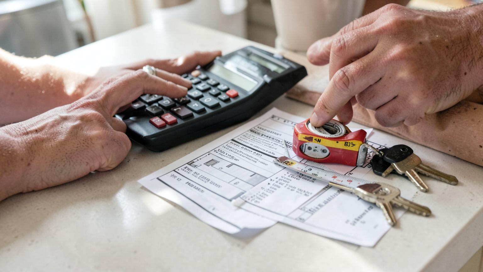 Calculator, tape measure and a printed energy report on a kitchen worktop with house keys