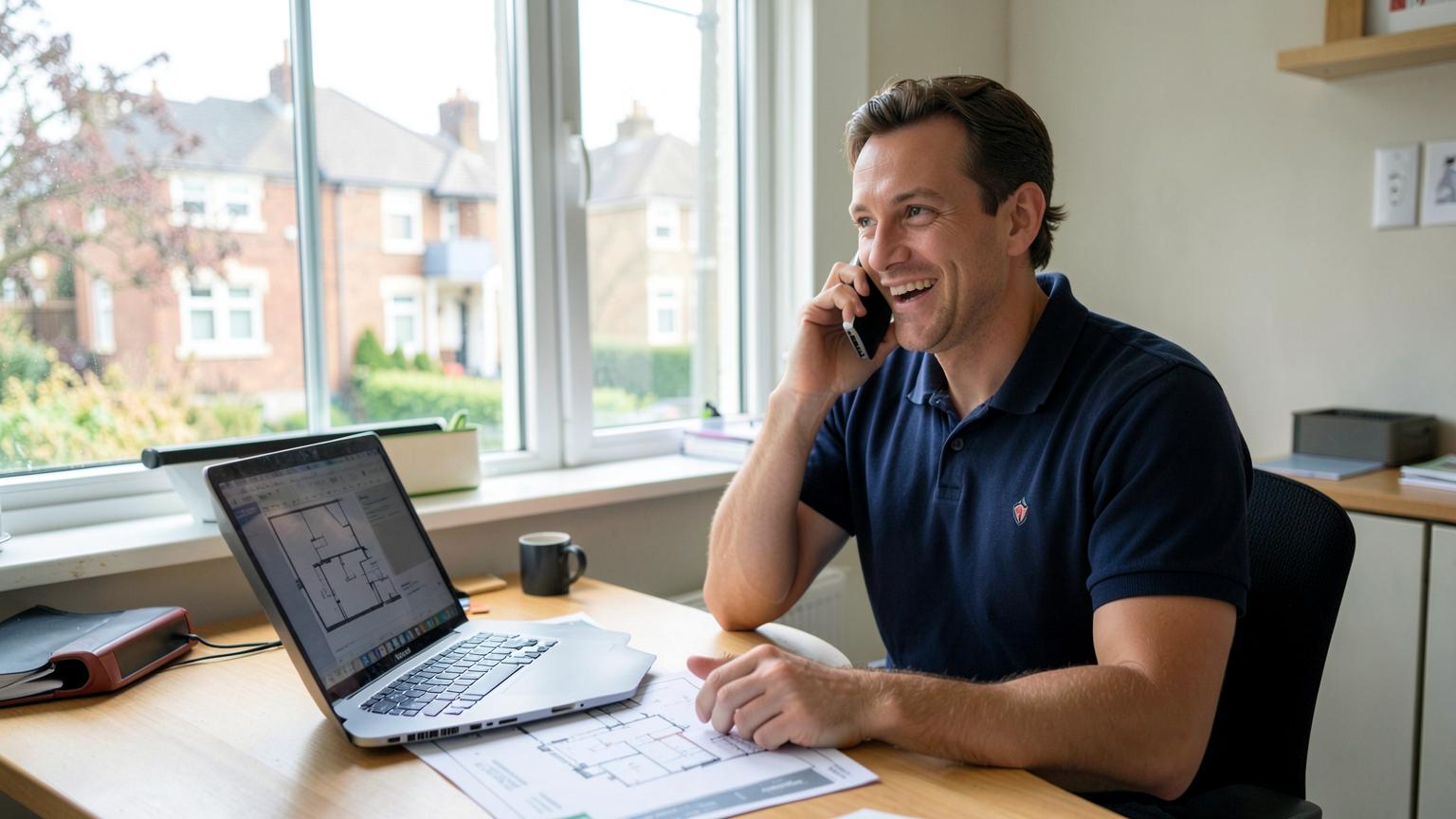 Team EPC assessor taking a booking call at a desk with floor plans and a laptop