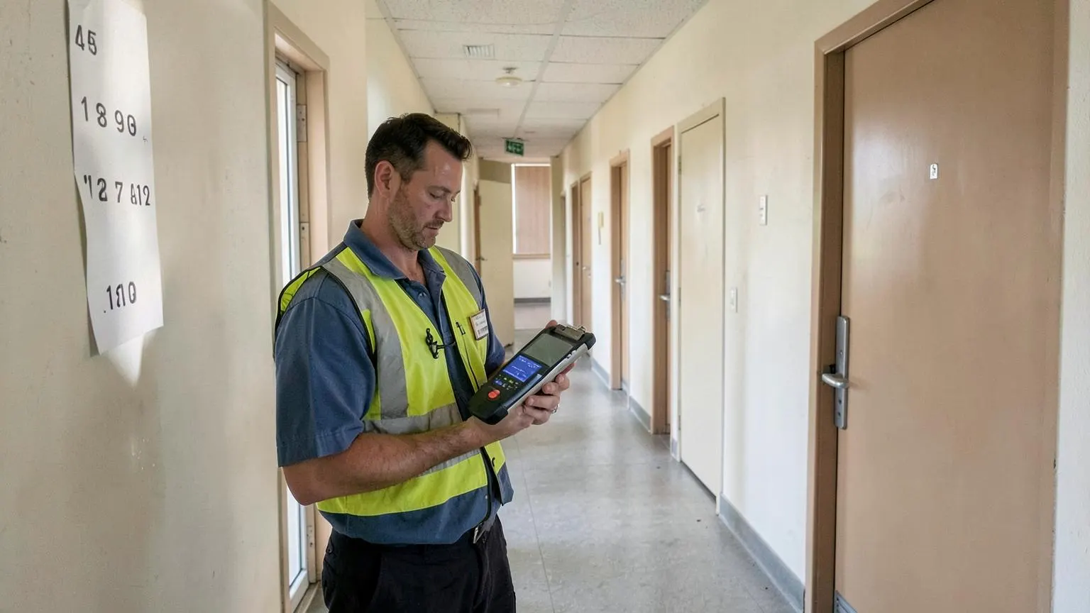 Energy assessor working along a communal corridor of flats with a survey tablet