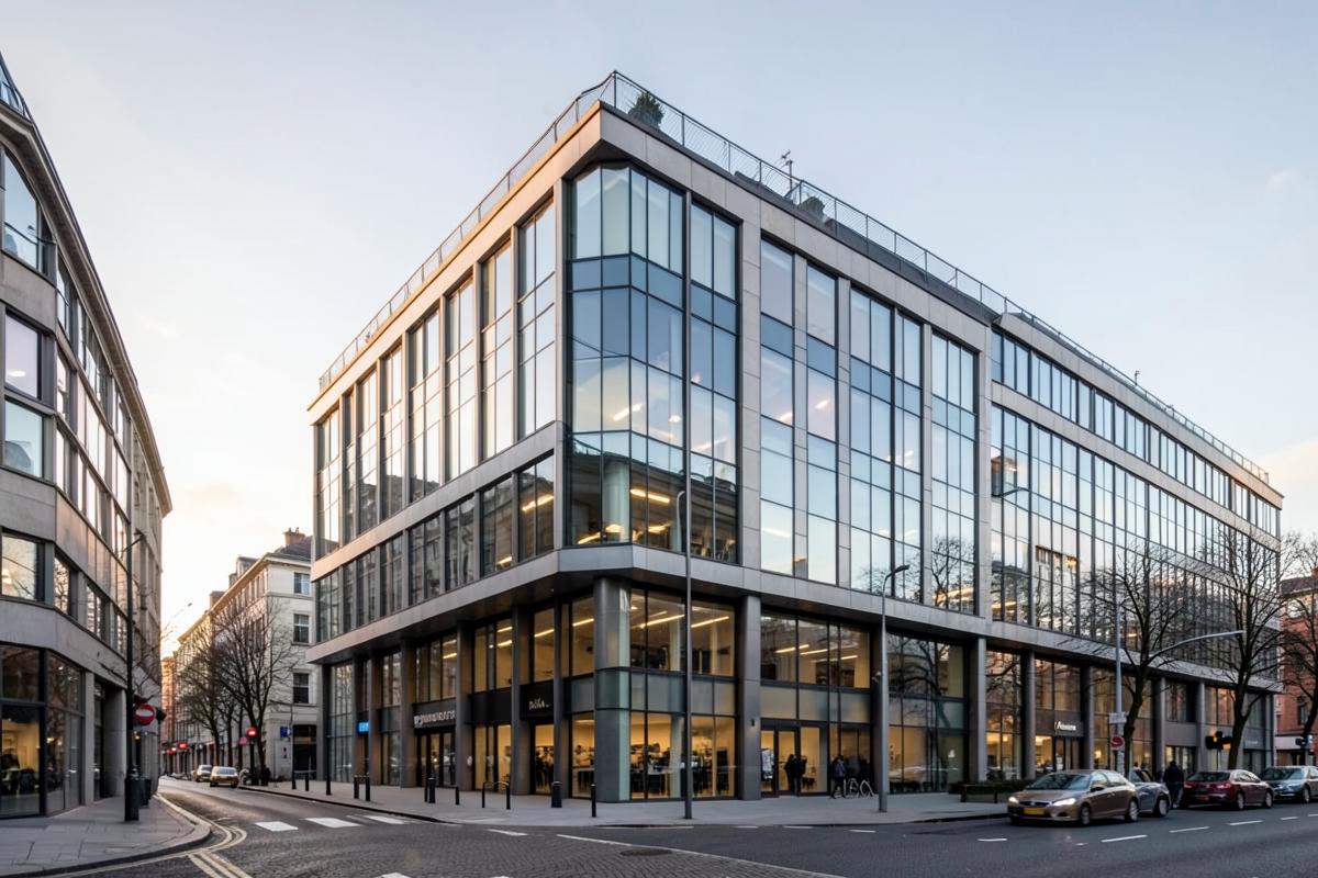 Open-plan London office floor with lighting and ventilation services visible