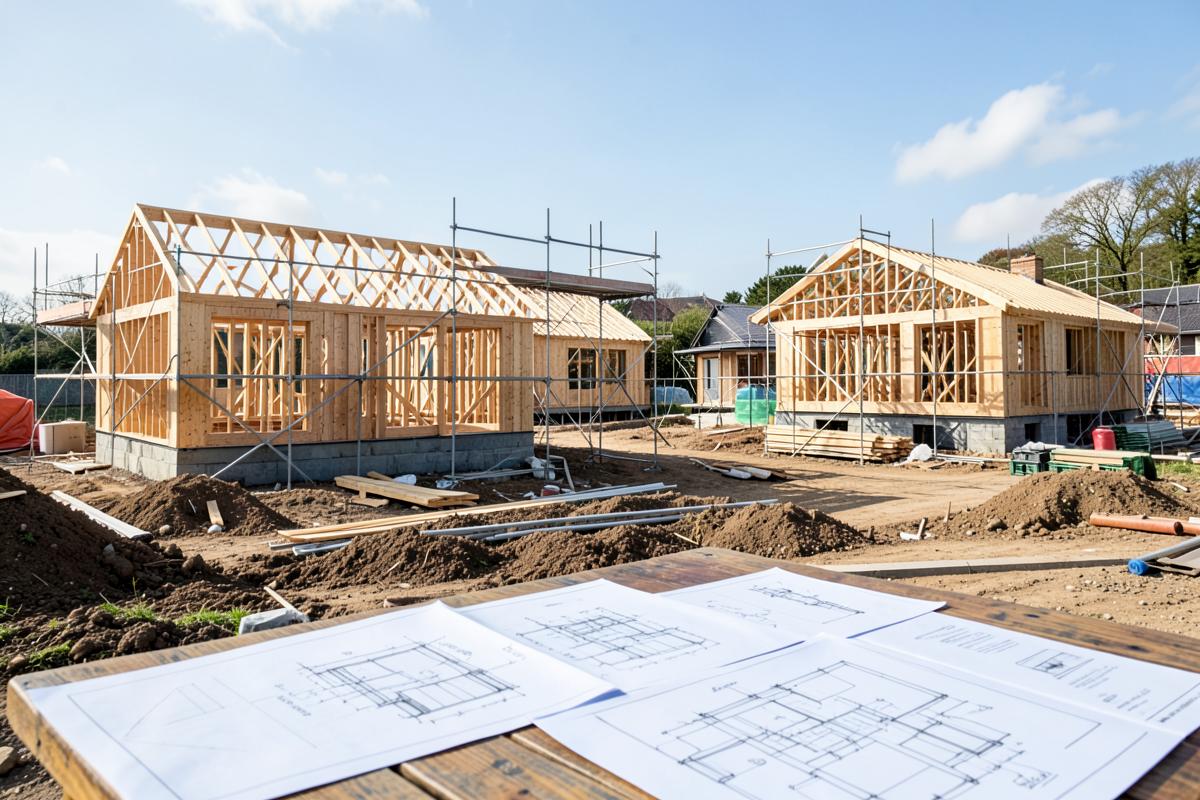 New housing development under construction with timber frames and site drawings