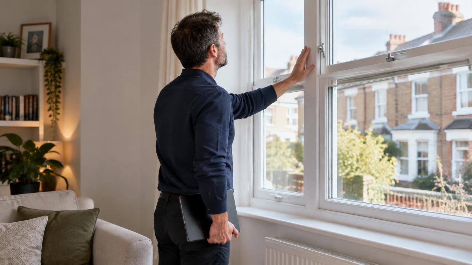 Illustrative energy assessor inspecting window glazing in a London home