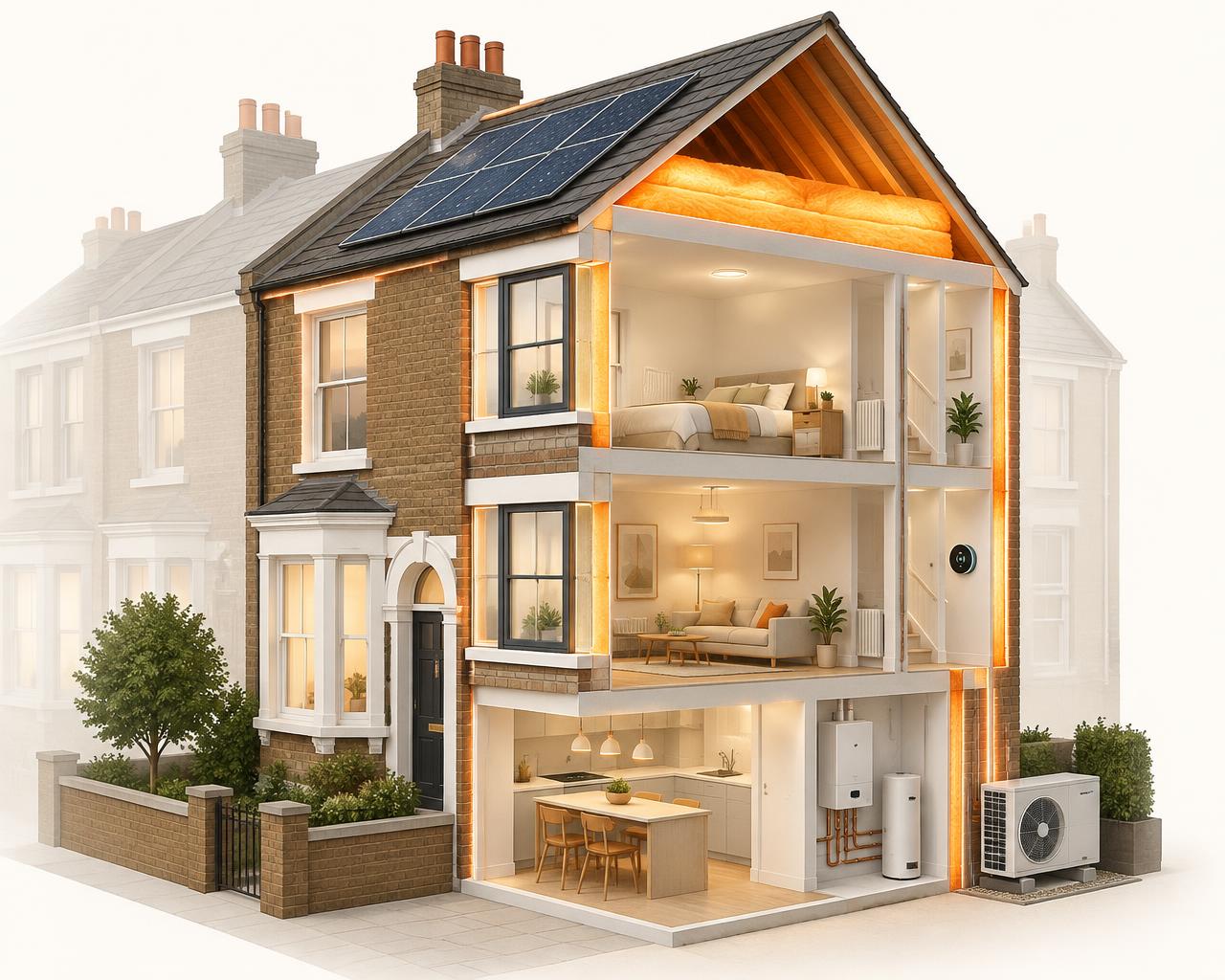 Cutaway of a London terraced house showing loft and wall insulation, double glazing, a modern boiler, heat pump and solar panels