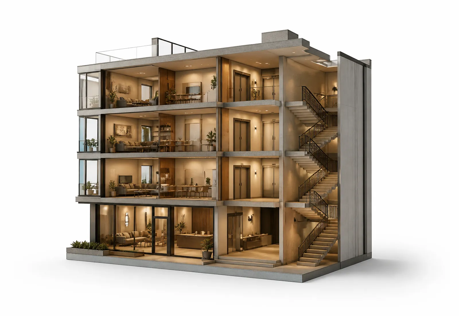 Cutaway render of a four-storey building showing apartments, communal stairs and the ground floor lobby