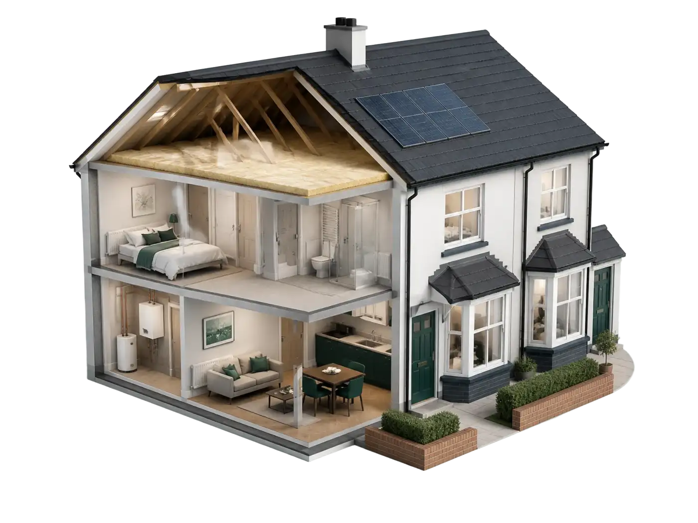 Cutaway view of a home showing the insulation, glazing and heating that determine its energy rating