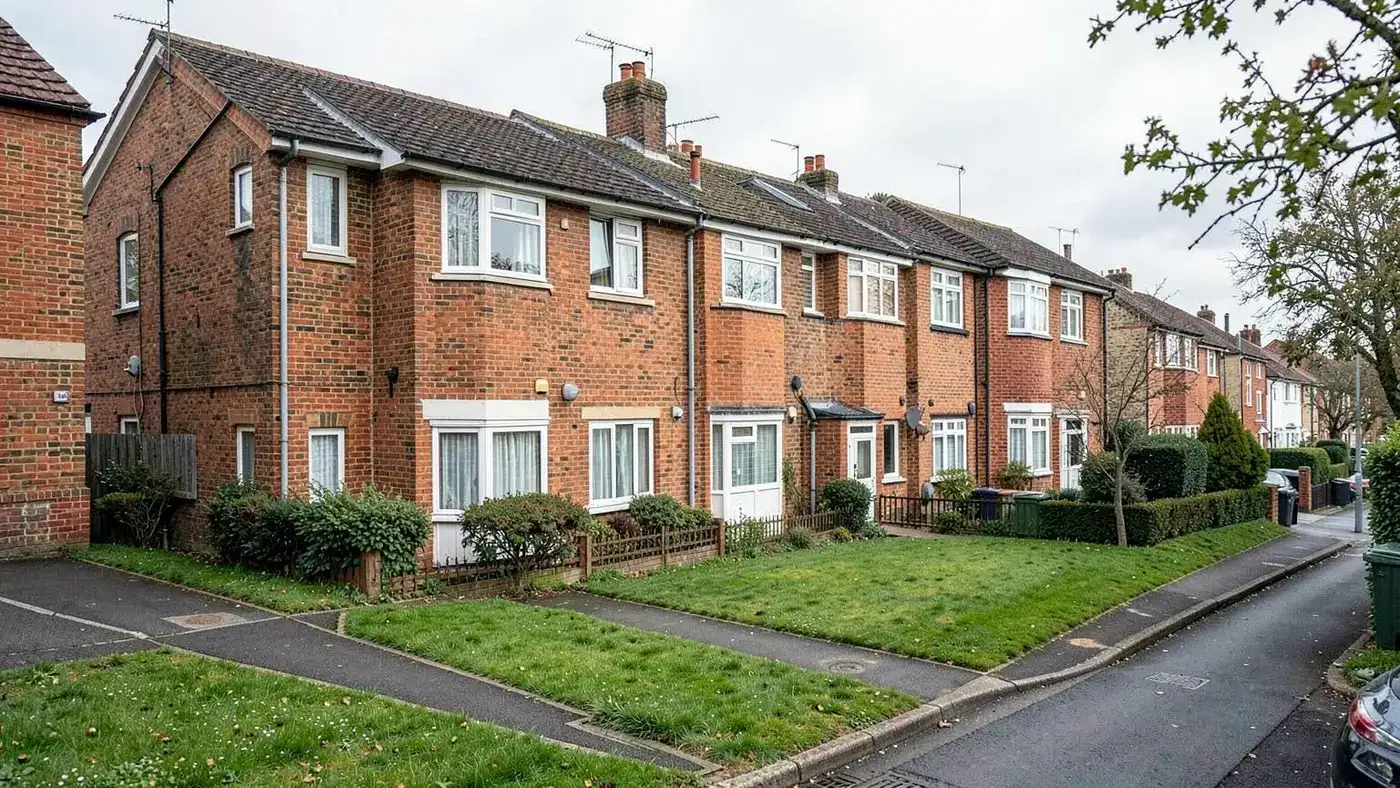 Social housing terrace of brick homes on a well-kept London estate