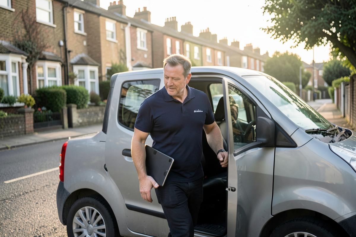 Energy assessor stepping out of a van on a London street for a next-day EPC survey
