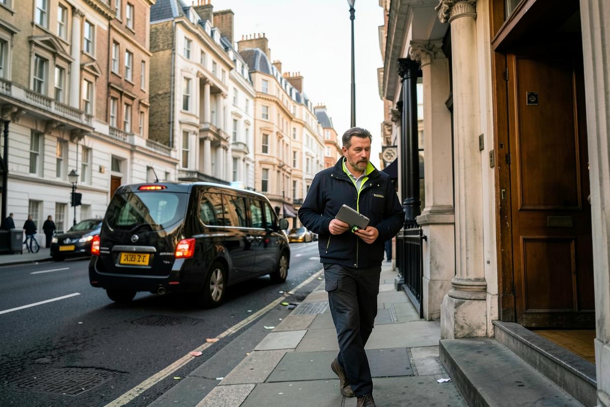 Energy assessor walking to a central London front door for an urgent EPC survey